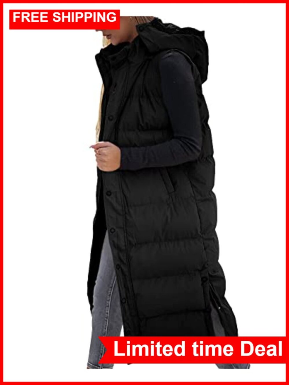 Women's Long Puffer Vest Hooded Sleeveless Quilted Winter Zip Up Padded